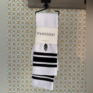 Free People Movement White and Black Knee High Logo Stripe Socks